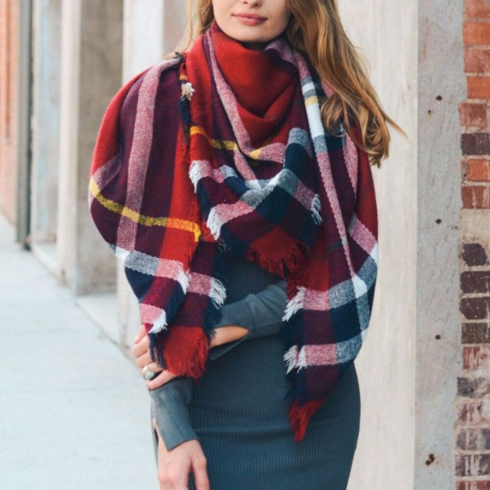 Flannel Frayed Edge Blanket Scarf Navy White Red Soft Cashmere Like